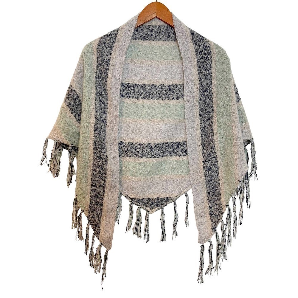 Collection Eighteen Fringe Open Front Stripe Poncho Cardigan Gray One Size